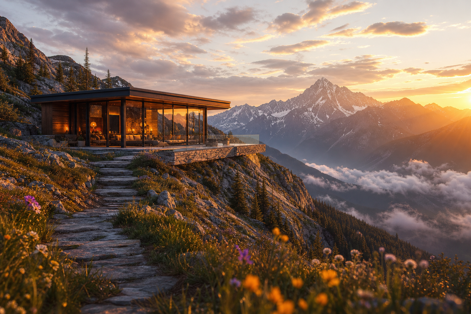 Glass cabin at sunset