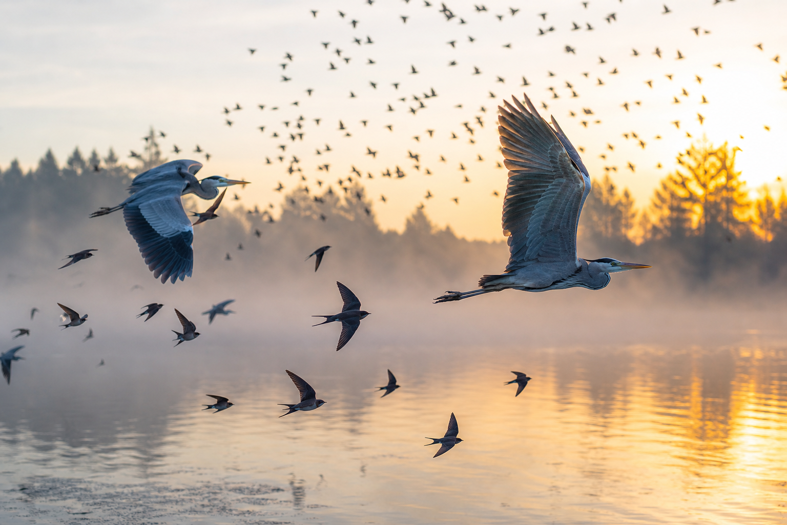 Birds over a sunrise lake